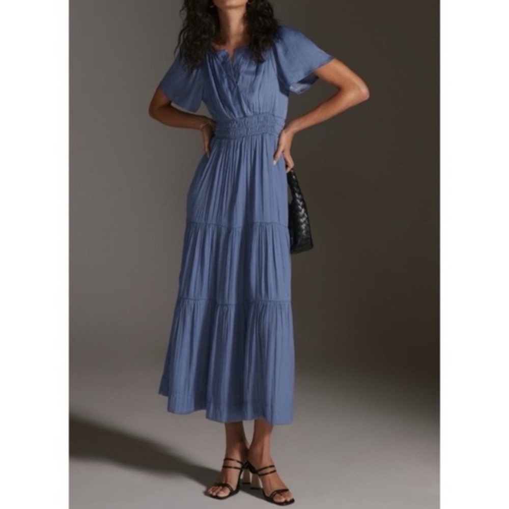 Anthropologie Somerset Maxi Tiered Flutter Sleeve Dress Cornflower Blue - size L